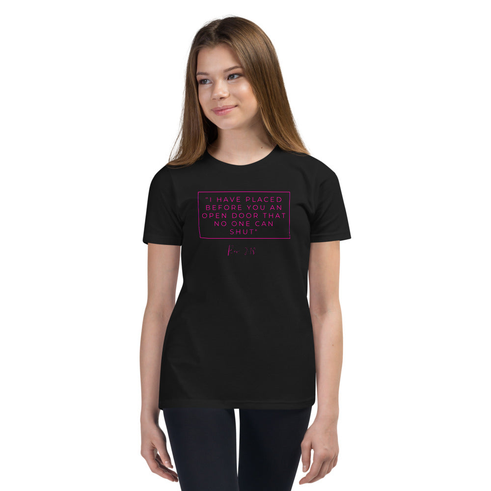 I Have Placed Before You An Open Door - Youth Short Sleeve T-Shirt (Pink)